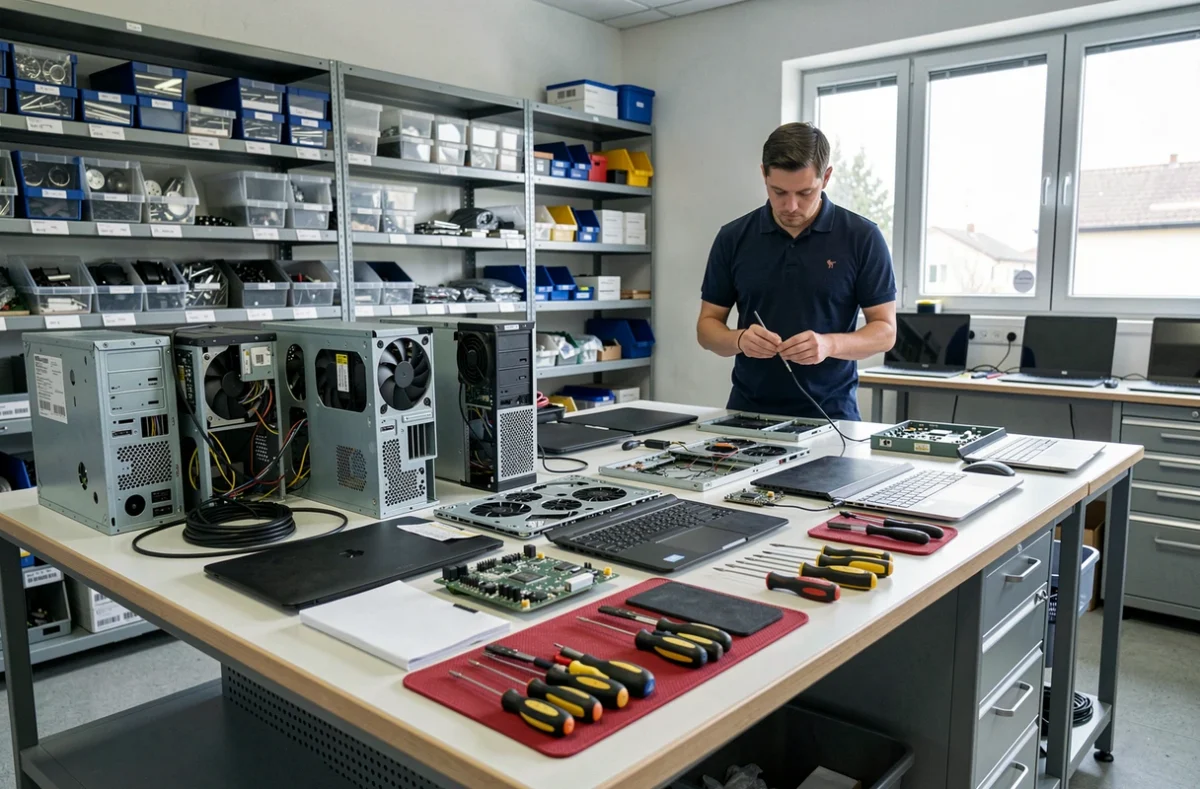 Vue d'ensemble d'un atelier professionnel de réparation d'ordinateurs dans le Val-d'Oise avec des techniciens au travail