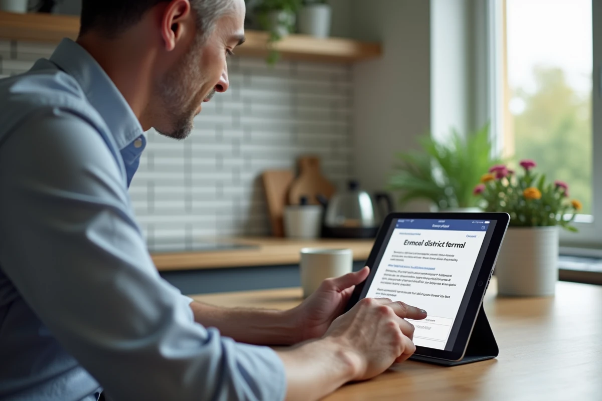 Enseignant consultant sa messagerie académique Montpellier sur tablette depuis la cuisine