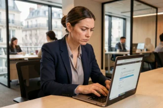 Femme professionnelle rédigeant un e-mail sur son ordinateur portable dans un bureau moderne à Nancy