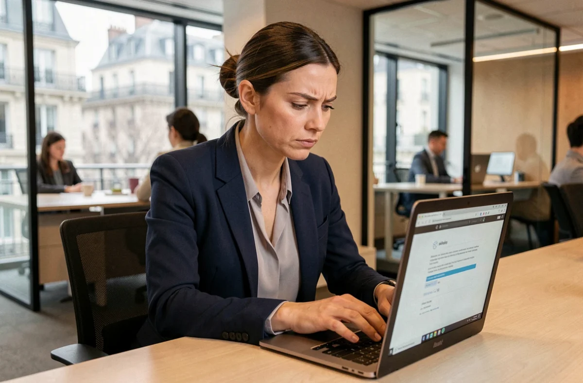 Femme professionnelle rédigeant un e-mail sur son ordinateur portable dans un bureau moderne à Nancy