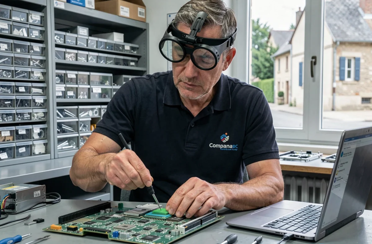 Technicien Micro System réparant une carte mère dans son atelier de maintenance informatique à Muret