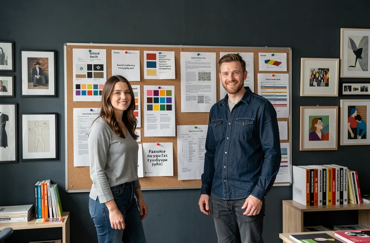Équipe créative de l'agence Mute à Lyon devant un moodboard de stratégie de marque et d'identité visuelle