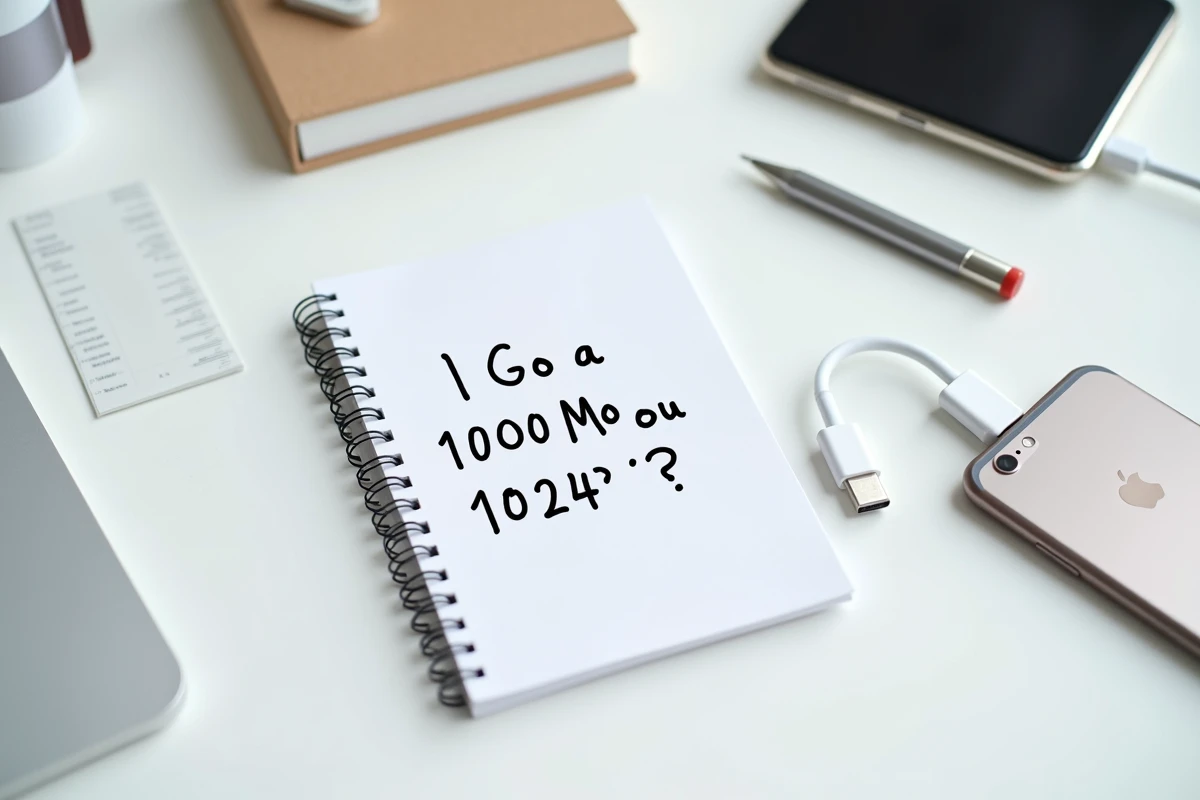 Cahier avec notes manuscrites sur la différence entre gigaoctets et mégaoctets posé à côté d'un smartphone