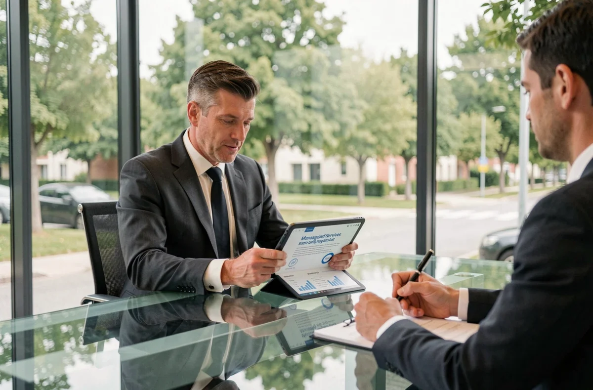 Consultant IT en costume révisant une proposition de services managés lors d'une réunion professionnelle à Saint-Didier-au-Mont-d'Or pour Novances Informatique Technology