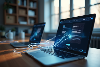 Deux ordinateurs portables sur un bureau en bois avec câble lumineux