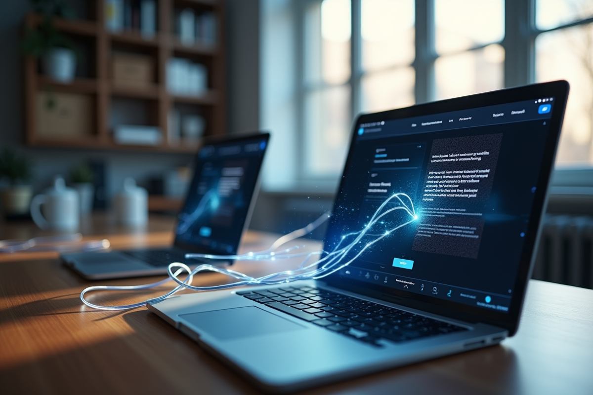 Deux ordinateurs portables sur un bureau en bois avec câble lumineux