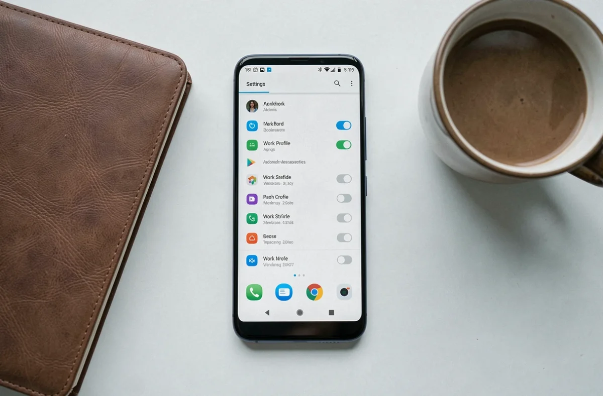 Smartphone Android ouvert sur les paramètres de profil professionnel posé sur un bureau minimaliste avec carnet et tasse à café