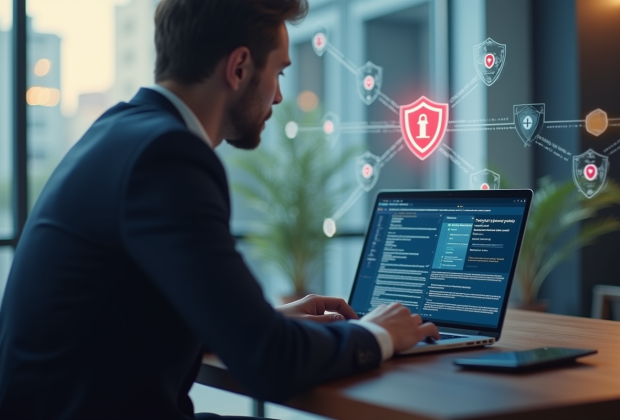 Professionnel au bureau vérifiant un message d'alerte phishing