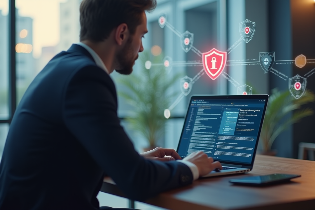 Professionnel au bureau vérifiant un message d'alerte phishing
