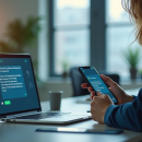 Personne envoyant des messages sur ordinateur et smartphone dans un bureau lumineux