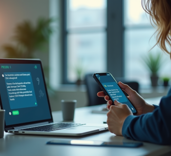 Personne envoyant des messages sur ordinateur et smartphone dans un bureau lumineux
