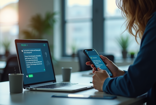 Personne envoyant des messages sur ordinateur et smartphone dans un bureau lumineux