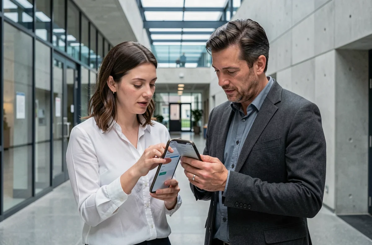Deux membres du personnel de Grenoble INP consultant la configuration de la messagerie mobile dans un couloir universitaire moderne