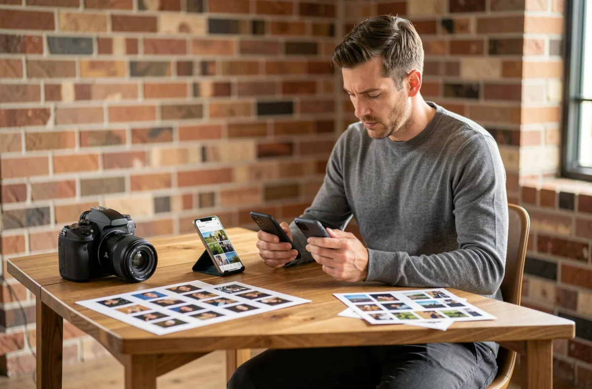 Photographe professionnel comparant des clichés pris avec différents smartphones haut de gamme posés sur un bureau de studio créatif