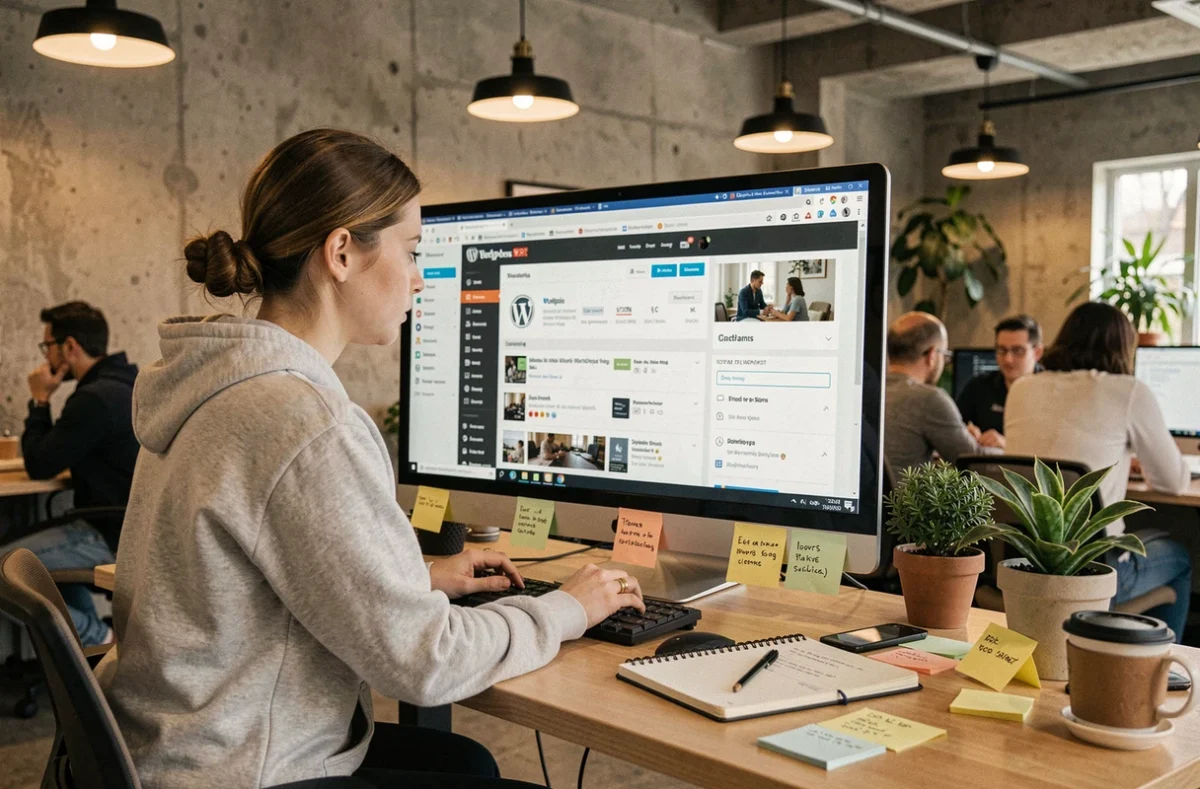 Développeuse de l'agence Pilot'in concentrée sur la création d'un site WordPress dans un espace de coworking
