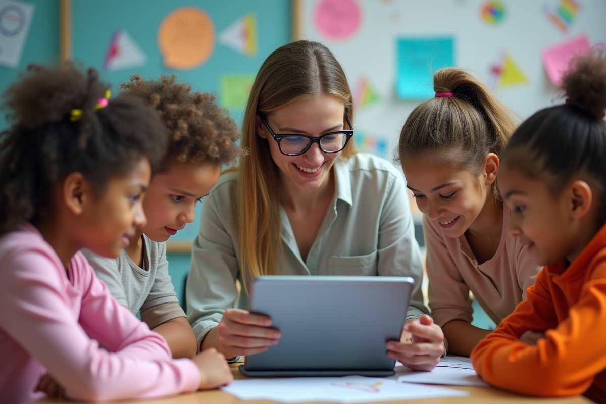 Professeure guidant des élèves autour d
