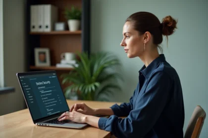 Femme consultant les paramètres de confidentialité sur son ordinateur portable pour protéger ses données personnelles