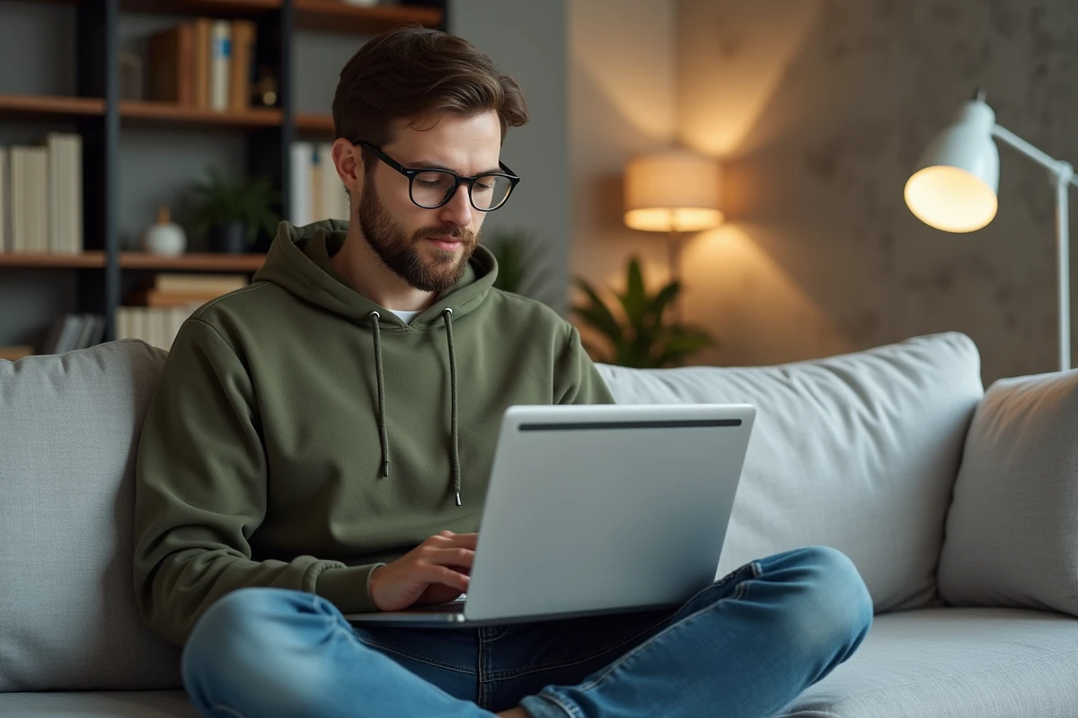 Jeune homme sur canapé utilisant un raccourci clavier pour actualiser Chrome sur laptop