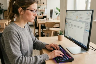 Femme utilisant un raccourci clavier pour insérer le symbole diamètre Ø dans un document sur ordinateur