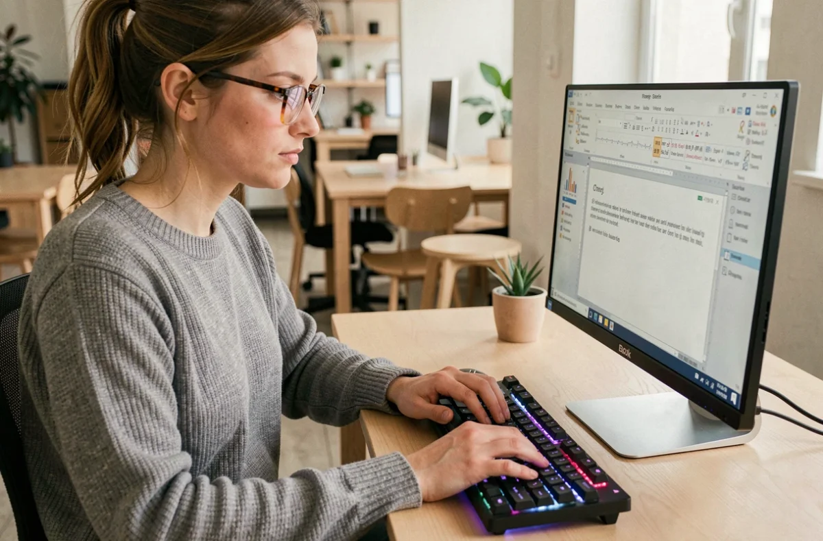 Femme utilisant un raccourci clavier pour insérer le symbole diamètre Ø dans un document sur ordinateur