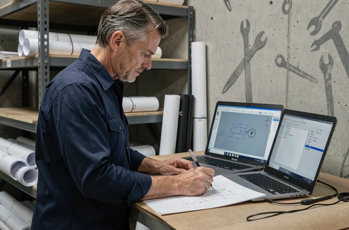 Technicien consultant un clavier d'ordinateur pour saisir le symbole de diamètre dans un logiciel de dessin technique CAD