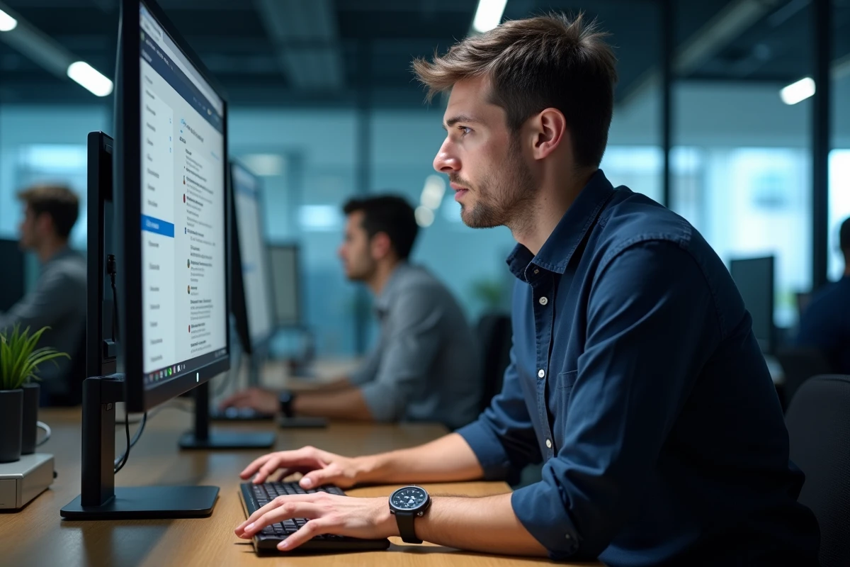 Homme en bureau utilisant la touche F5 pour recharger une page dans Google Chrome