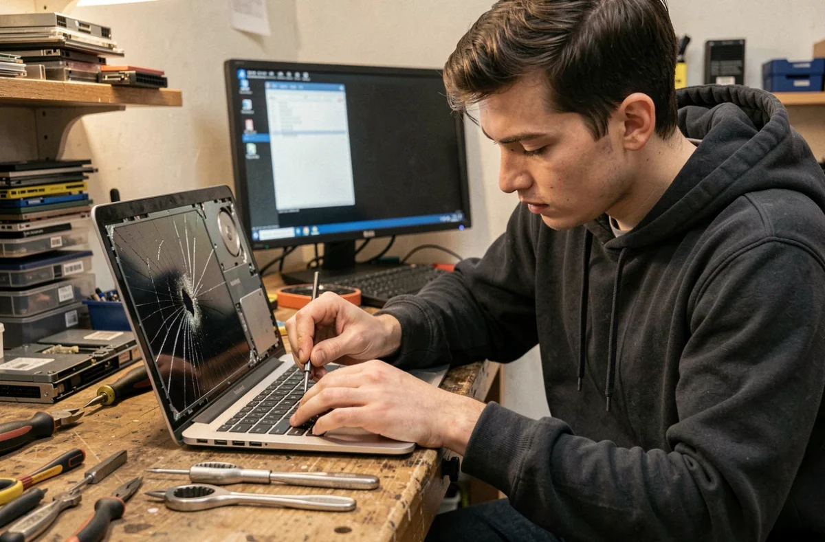 Technicien de Recompute en train de remplacer l'écran fissuré d'un ordinateur portable dans son atelier