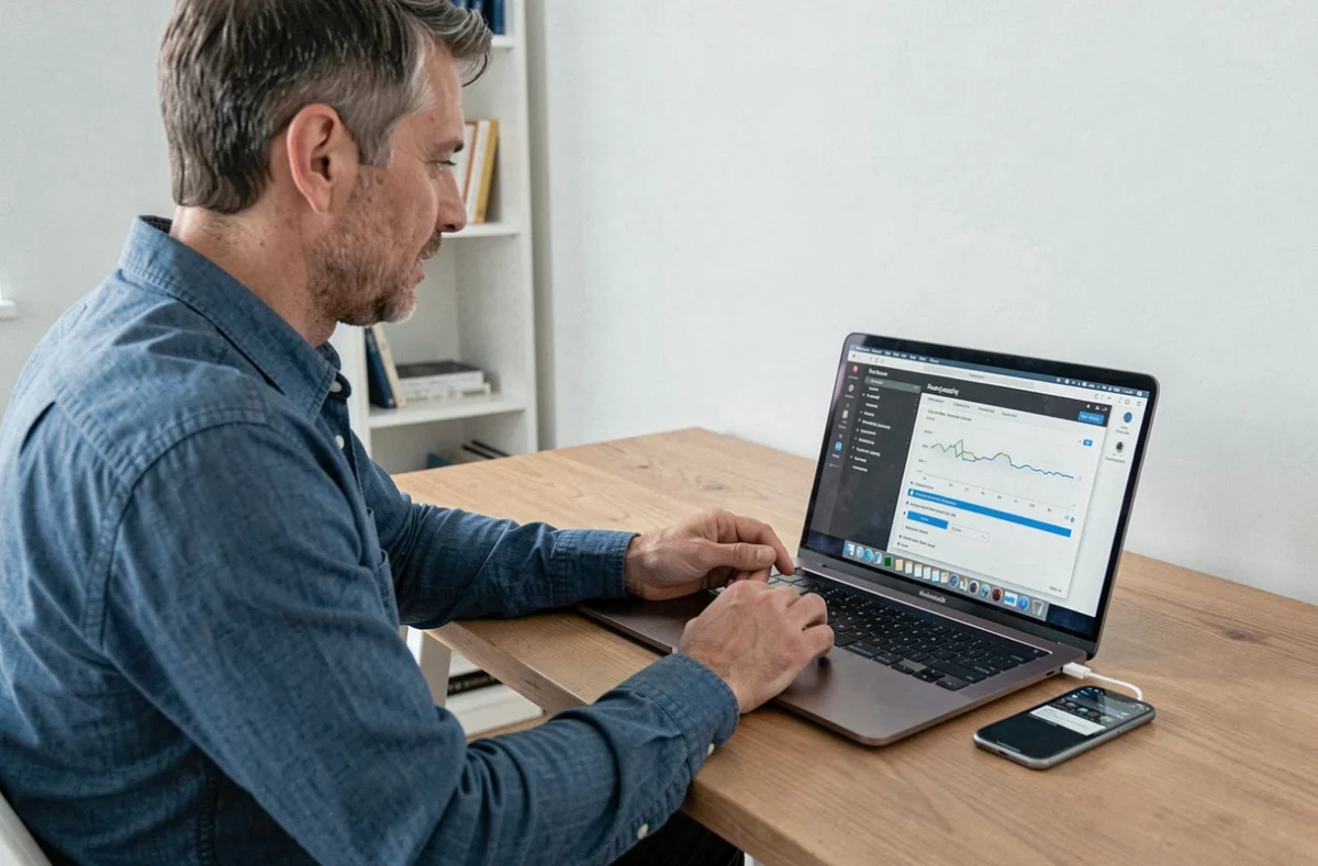 Homme connectant son iPhone à un MacBook pour récupérer des photos définitivement supprimées avec un logiciel