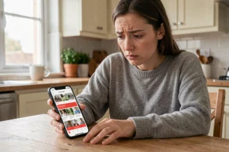 Femme inquiète regardant son iPhone avec l'application Photos ouverte pour récupérer des photos supprimées