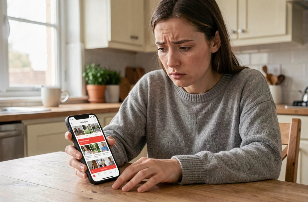 Femme inquiète regardant son iPhone avec l'application Photos ouverte pour récupérer des photos supprimées
