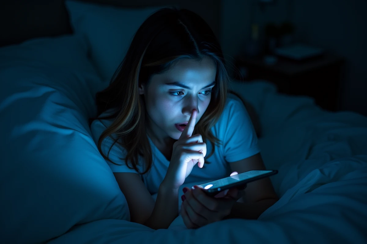 Jeune femme qui regarde furtivement les stories Instagram la nuit dans son lit
