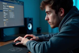 Joueur réglant les paramètres DPI de sa souris gaming sur un bureau moderne