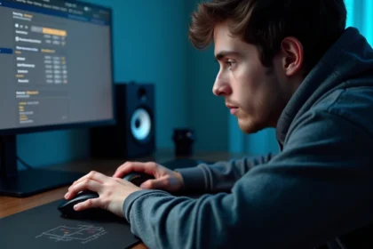 Joueur réglant les paramètres DPI de sa souris gaming sur un bureau moderne