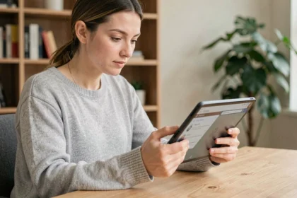 Femme consultant les réglages cachés du presse-papier Android sur une tablette dans un bureau à domicile