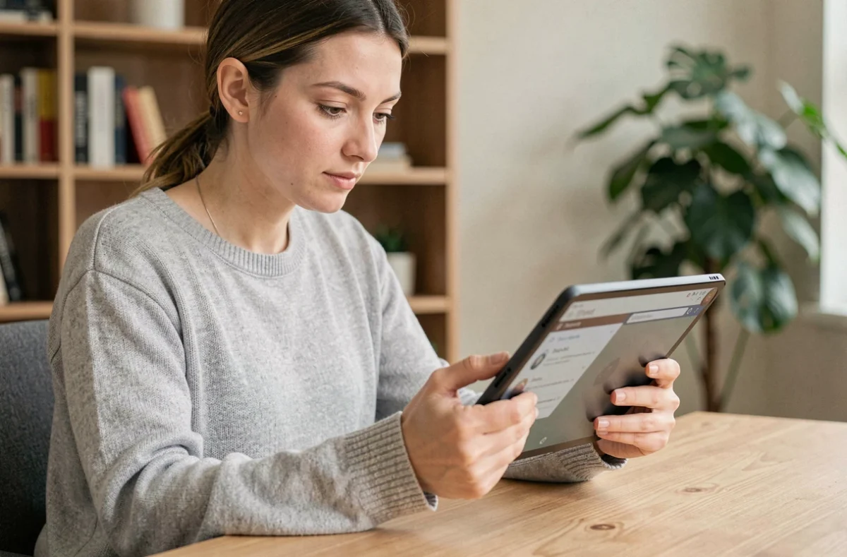 Femme consultant les réglages cachés du presse-papier Android sur une tablette dans un bureau à domicile