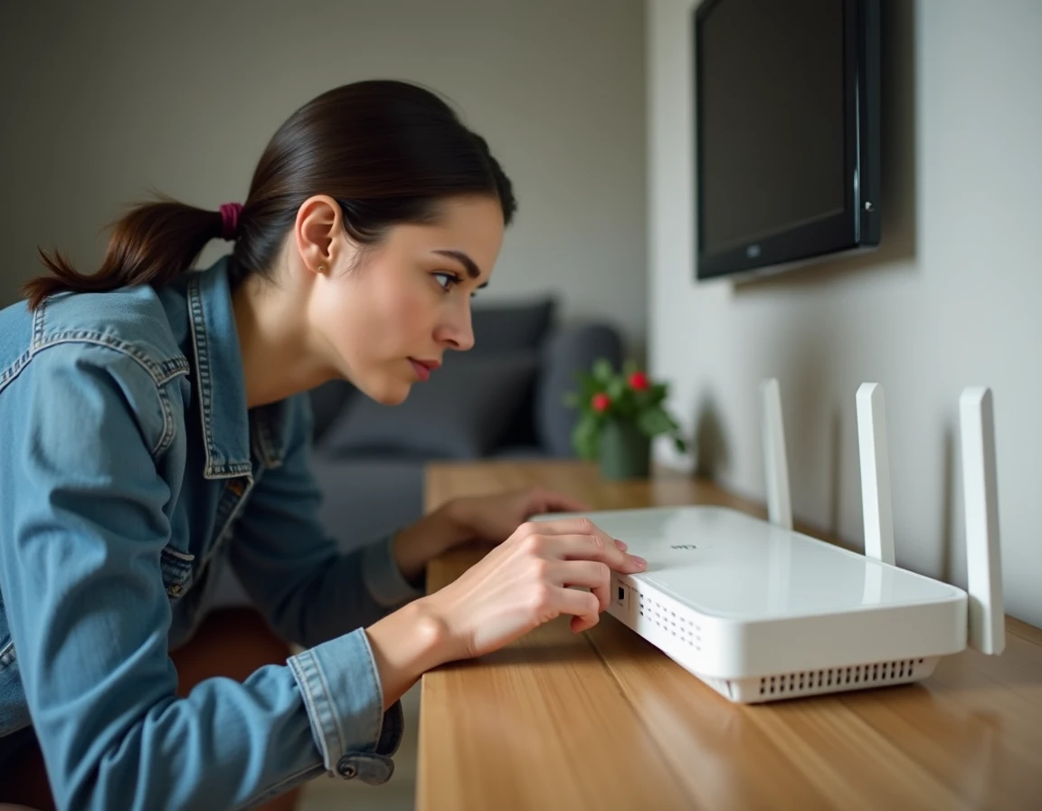 Femme réinitialisant un routeur domestique pour résoudre un conflit d'adresse IP réseau