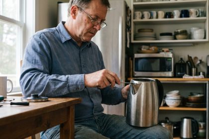 Homme réparant une cafetière électrique avec concentration