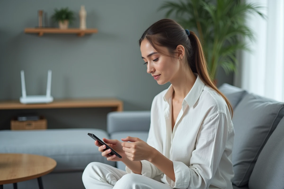 Jeune femme consultant les paramètres du réseau invité Freebox sur son smartphone dans un salon moderne