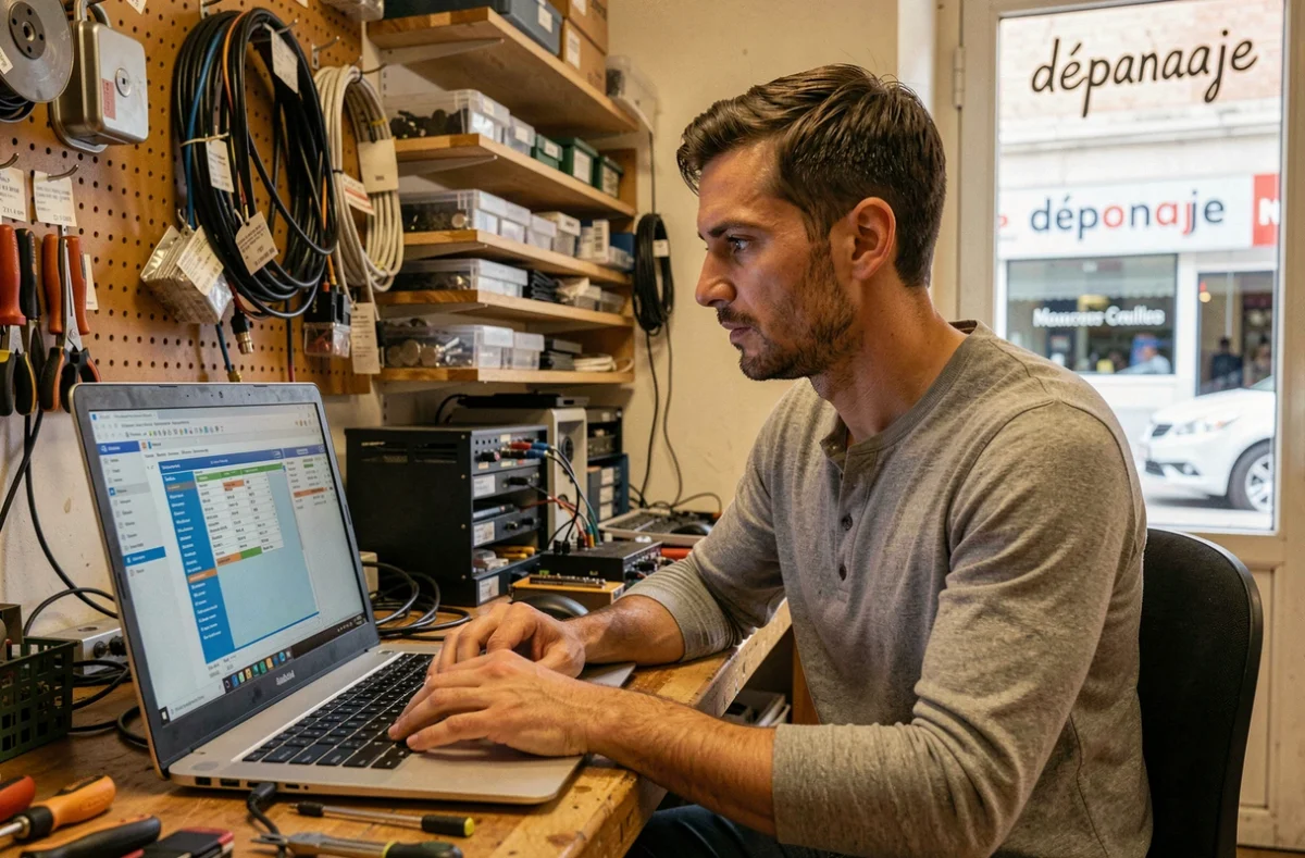 Technicien Reset Informatique diagnostiquant un ordinateur portable sur son établi à Toulouse
