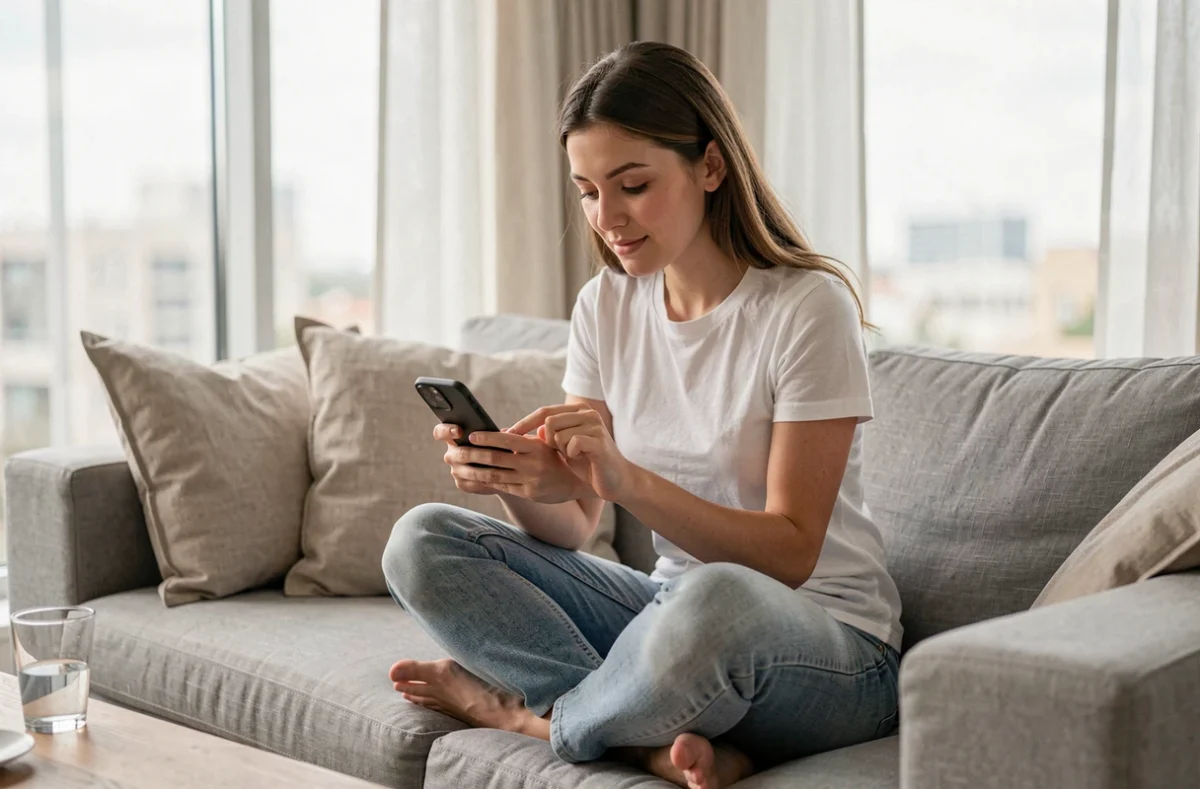 Jeune femme vérifiant les paramètres iCloud sur son iPhone pour tenter de restaurer des photos supprimées