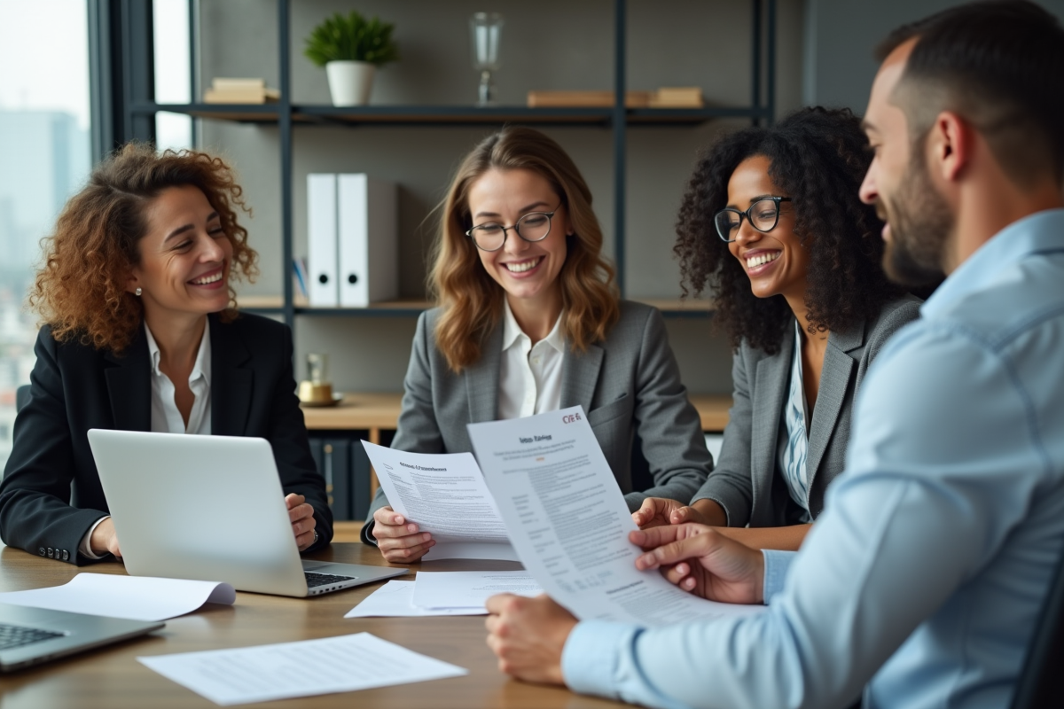 Groupe de professionnels examinant des documents lors d