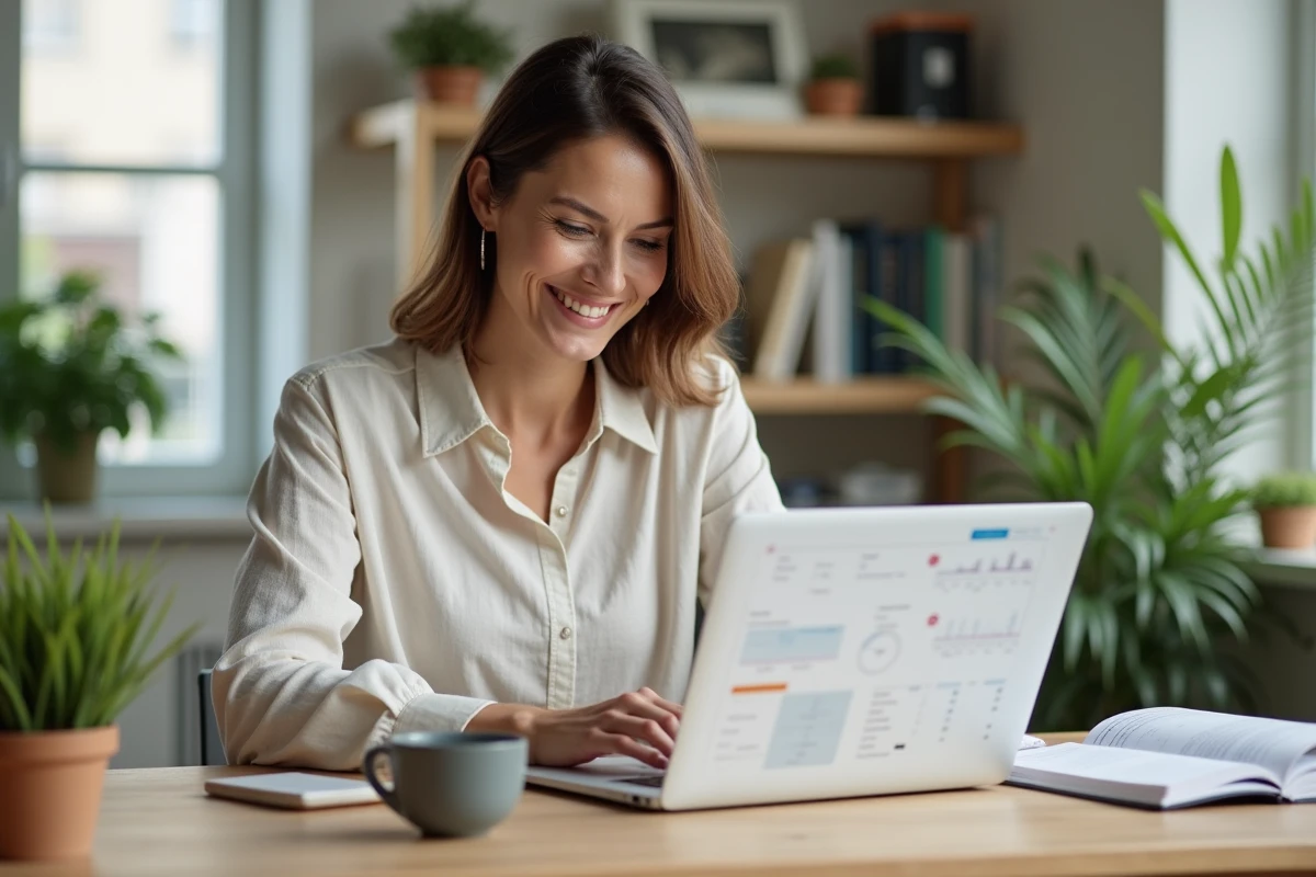 Une entrepreneuse utilise une plateforme SaaS de gestion de la relation client sur son ordinateur portable dans un bureau à domicile bien organisé