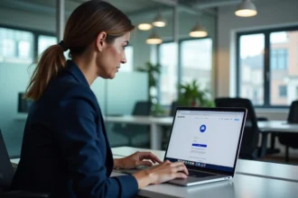 Femme professionnelle configurant les paramètres de sécurité de son webmail sur un ordinateur portable dans un bureau moderne à Créteil