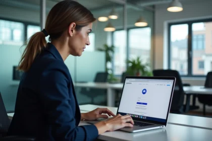 Femme professionnelle configurant les paramètres de sécurité de son webmail sur un ordinateur portable dans un bureau moderne à Créteil