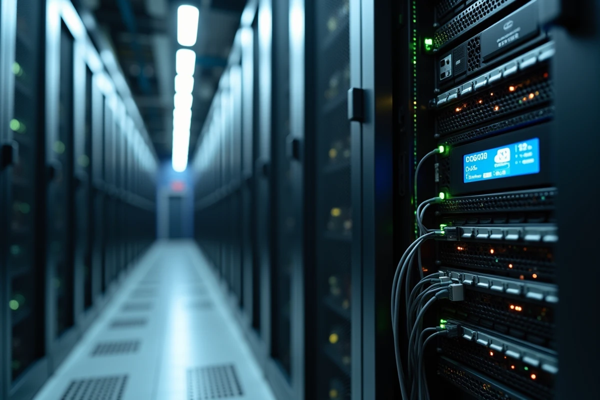 Serveurs rack dans un datacenter professionnel illustrant l'hébergement FiveM haute performance et la stabilité d'infrastructure