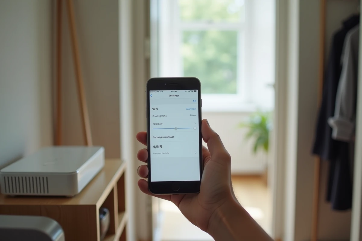Main tenant un smartphone affichant les paramètres WiFi à côté d'une Bbox pour saisir le code de connexion