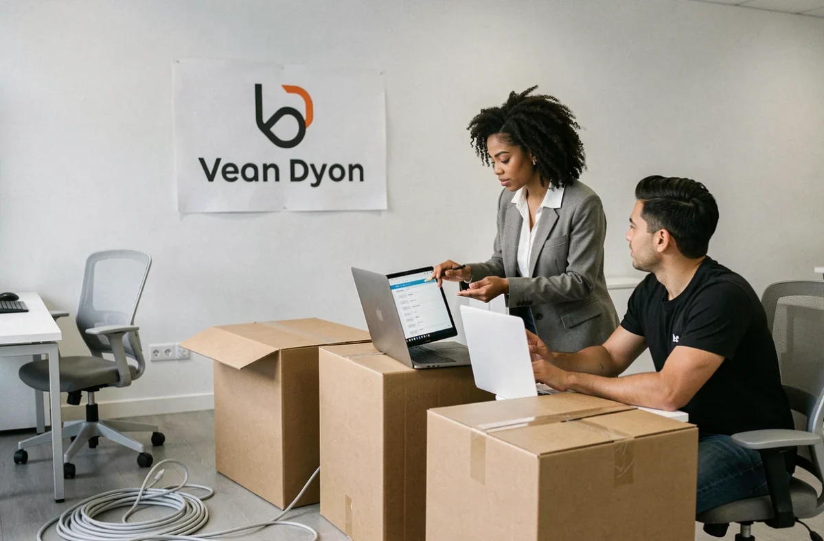 Fondatrice ambitieuse lançant ses opérations dans un bureau startup minimaliste flambant neuf à Lyon pour Soluxan Services