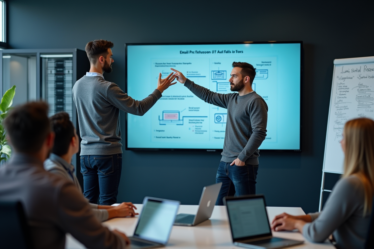 Jeune homme IT pointant un diagramme sur un écran