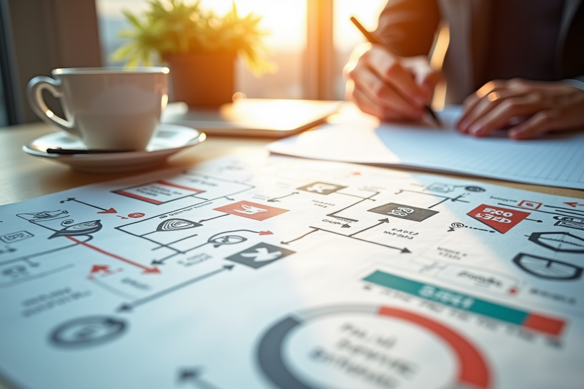 Carnet avec diagrammes de stratégie SEO et stylos sur bureau ensoleille