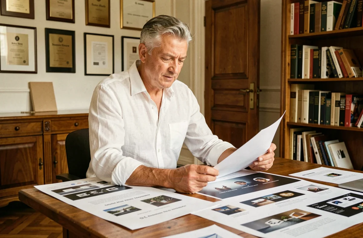 Designer expérimenté de Studio HB examinant des portfolios de webdesign dans un studio lyonnais avec plus de vingt ans d'expertise